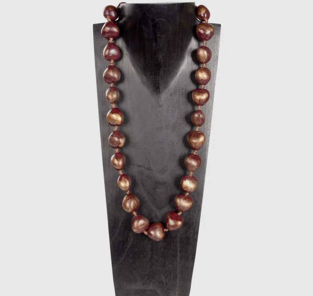 Gold Splash Cranberry Kukui Nut Necklace