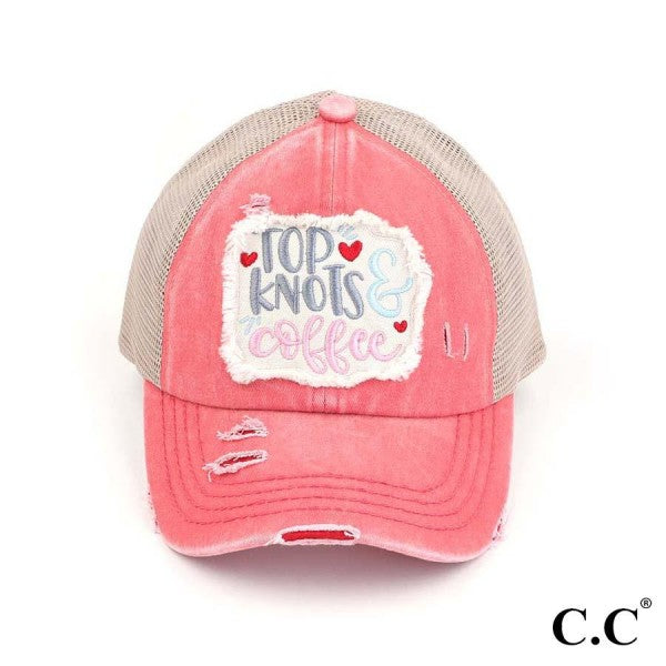 Top Knots & Coffee Embroidered Patch Pony Cap