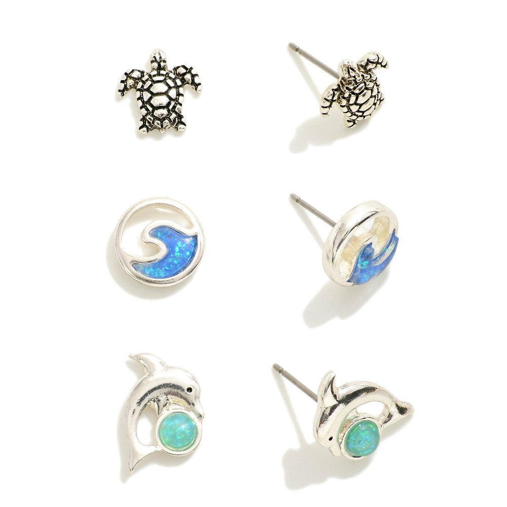 Silver Sea Creature Stud Earring Set Waves, Turtles and Dolphins