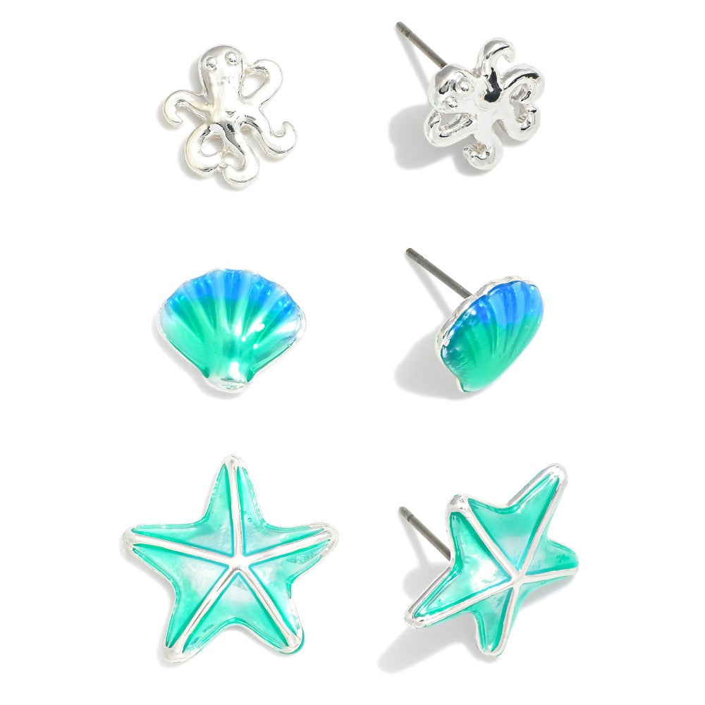 Octopus, Seashell & Starfish Stud Earring Set