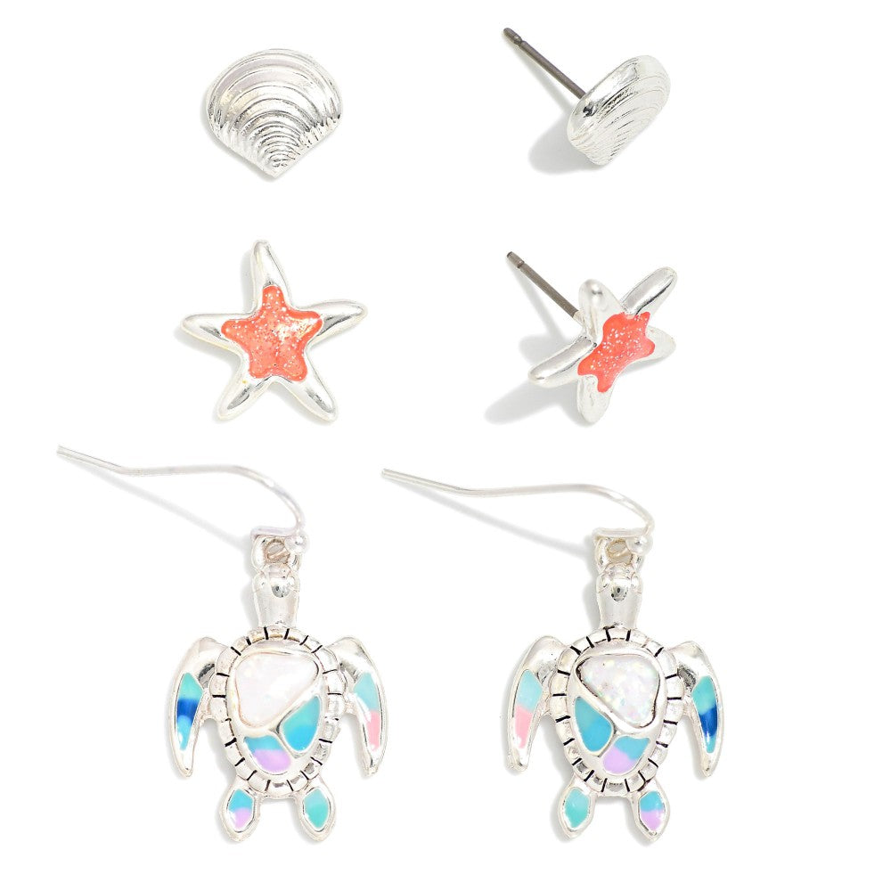 Shell, Starfish & Turtle Drop Earring Set