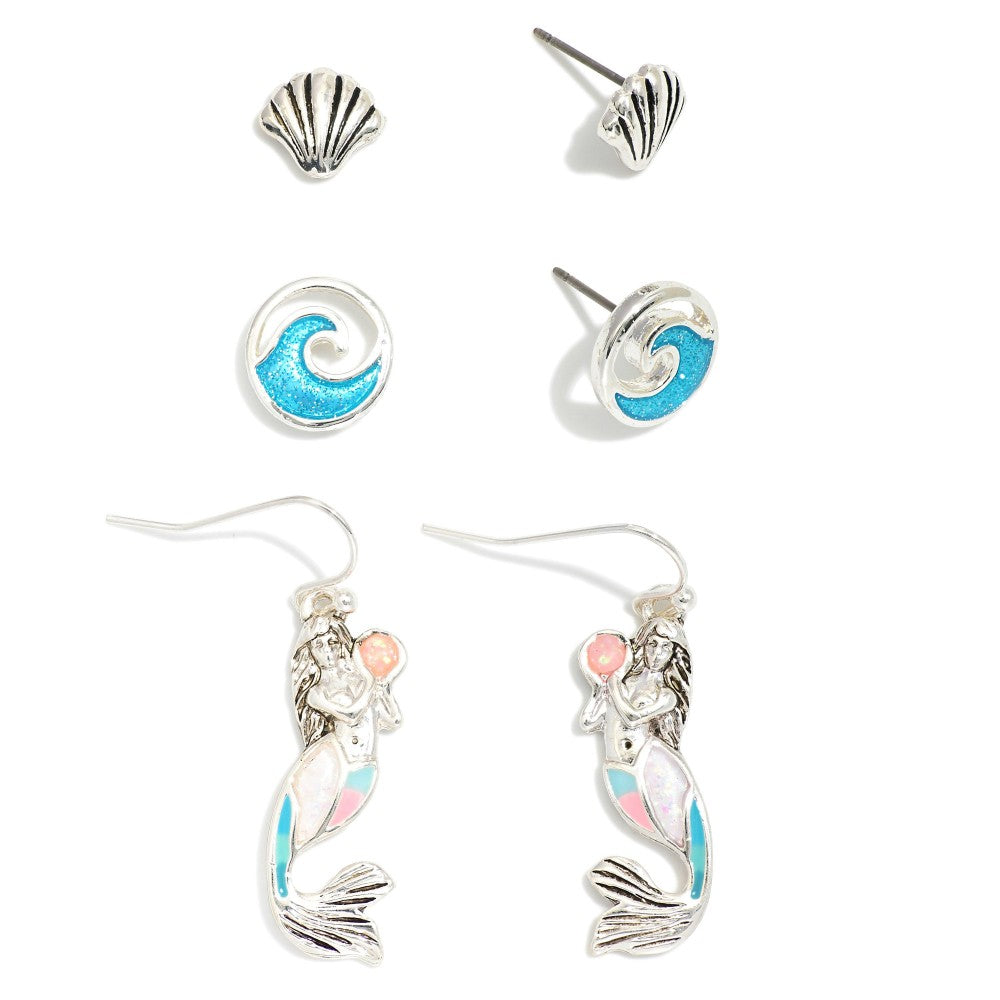 Seashell, Wave & Mermaid Drop Earring Set