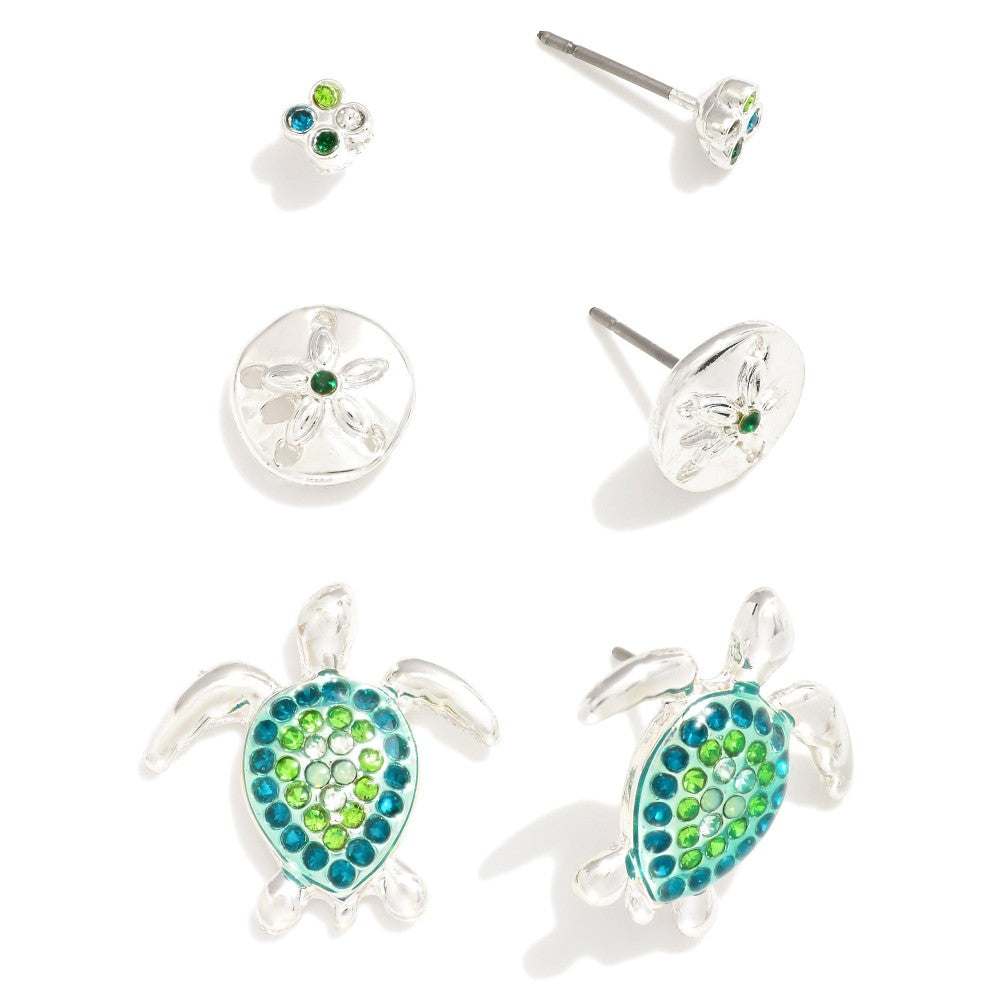 Sea Turtle, Sand Dollar & Bling Stud Earrings