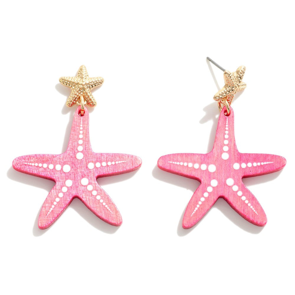 Wood Cut Starfish Drop Earrings