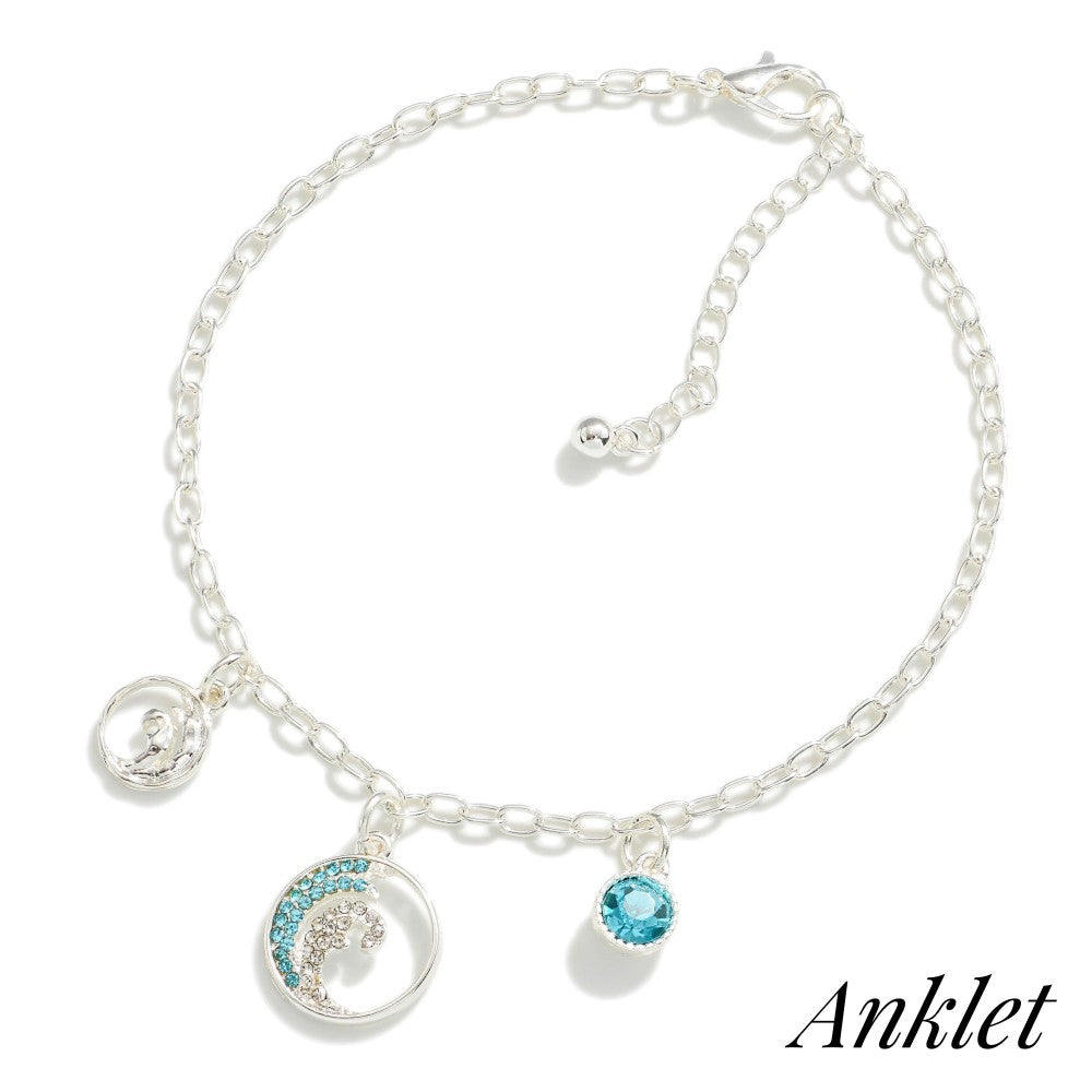 Silver Chain Link Anklet with Ocean Waves