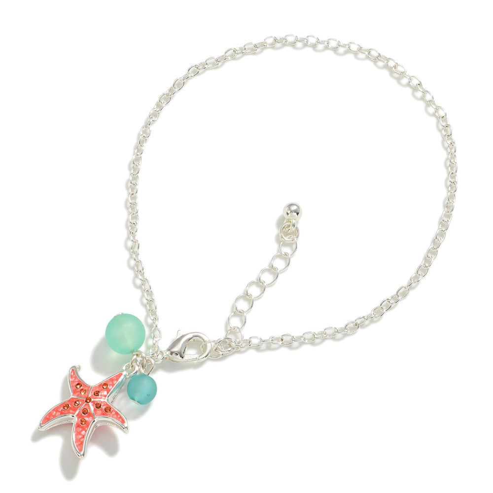 Silver Tone Chain Link Anklet With Bead And Starfish Charm