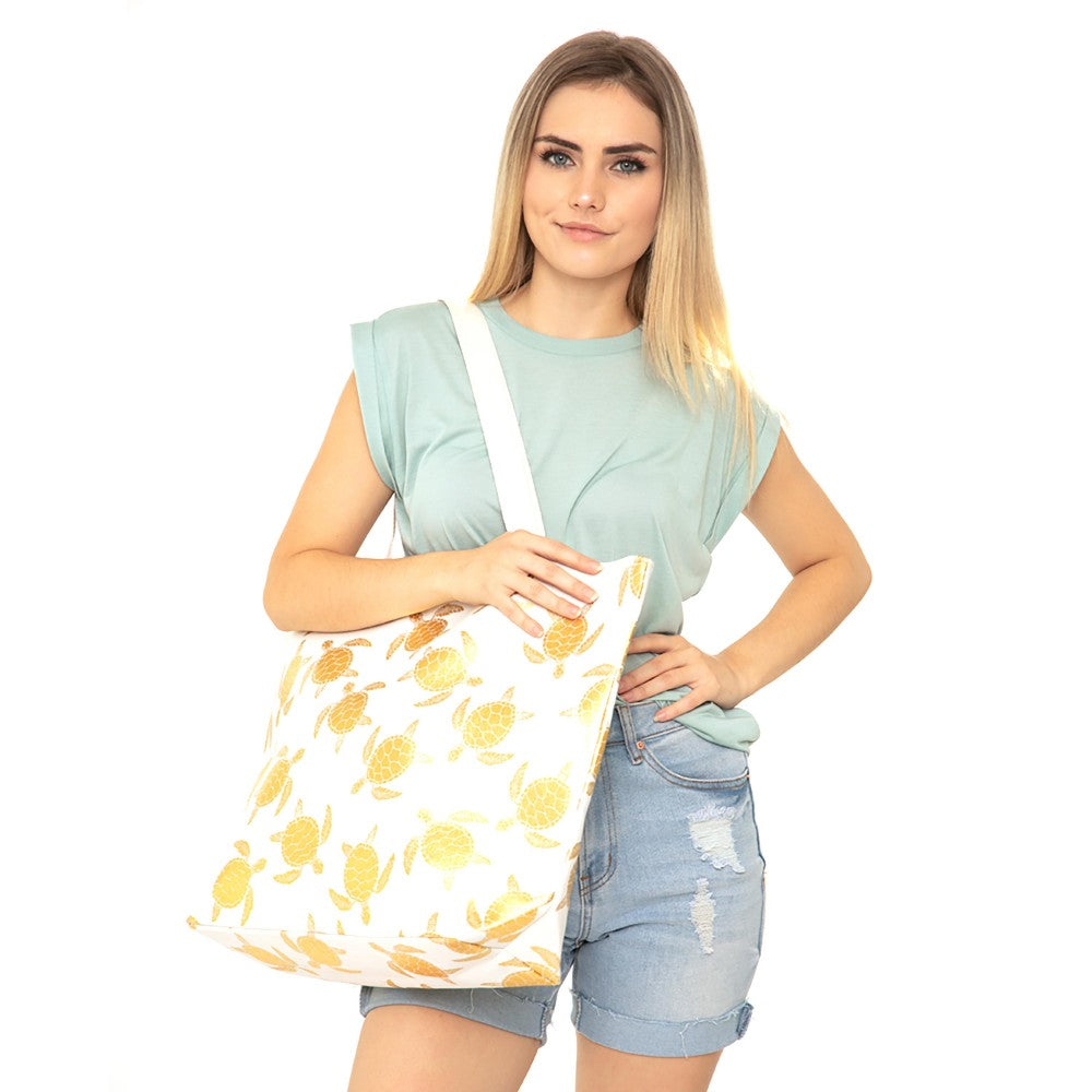 Metallic Sea-turtle Print Canvas Tote Bag