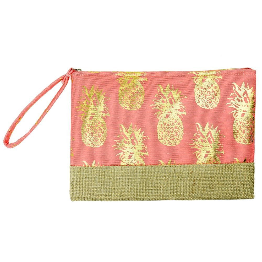 Metallic Pineapple Print Canvas Travel Pouch Wristlet