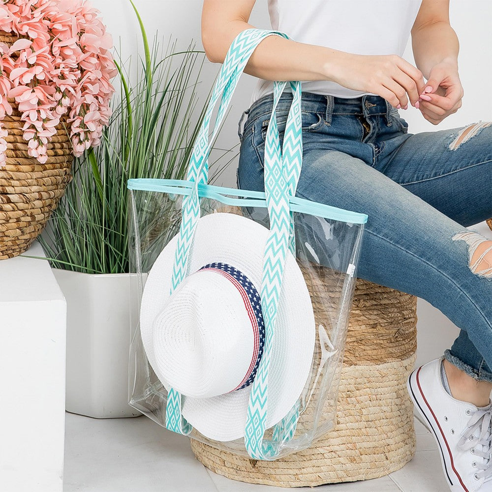 Clear Beach Tote Bag With Chevron Canvas Straps and Hat Carry Insert