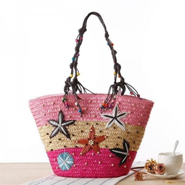 Striped Woven Straw Tote Bag With Straw Flowers, Wood Beads, and Beaded Hemp Handles