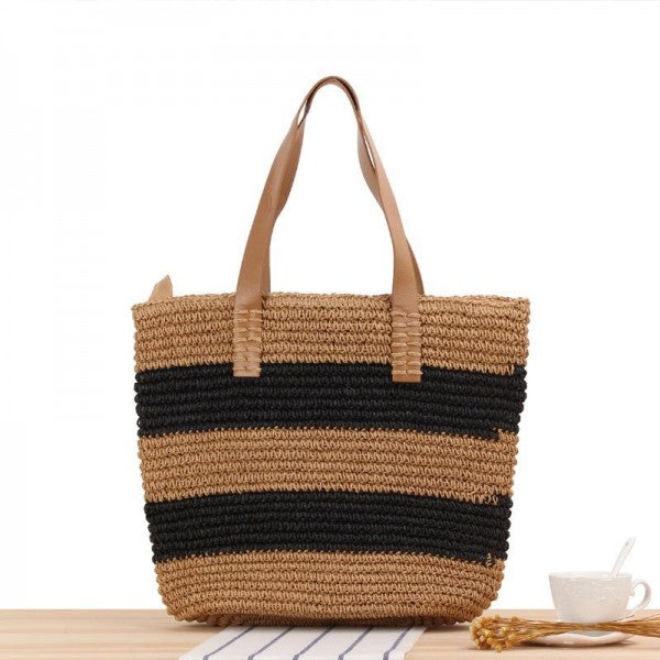 Striped Woven Straw Tote Bag With Leather Handles