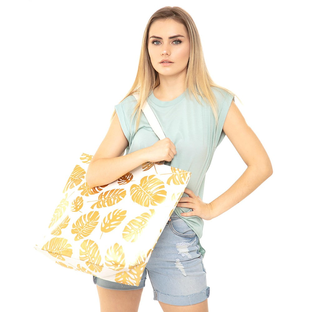 Large Beach Tote Featuring Metallic Palm Leaf Design