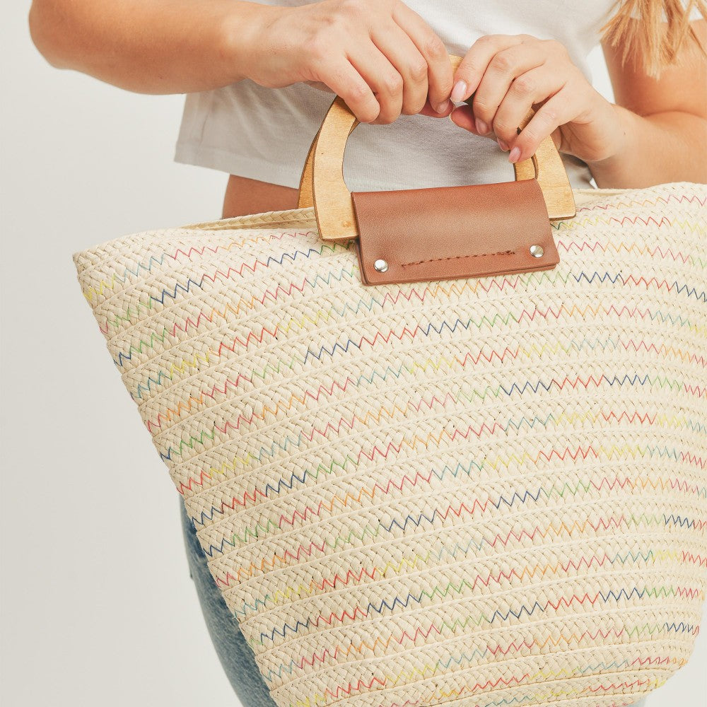 Woven Straw Bag With Wooden And Leather Handles