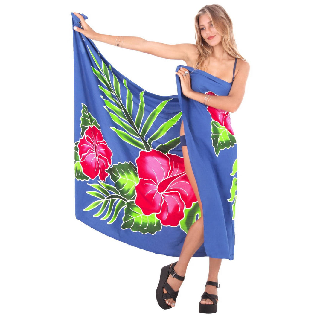 Women's Hand Painted Beach Wrap Blue, Hibiscus