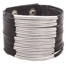 Load image into Gallery viewer, Black Leather &amp; Silver Metal Bar Snap Cuff Bracelet
