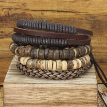 Load image into Gallery viewer, Rustic Textures Leather &amp; Wood Unisex Bracelet Set
